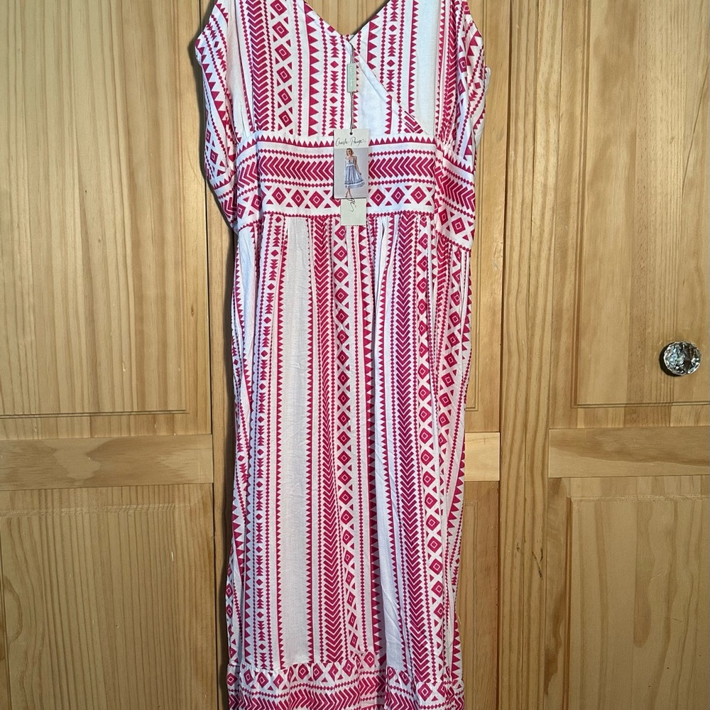 Charlie Paige Pink and White Geometric Midi Dress